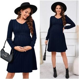 NWT Kojooin Navy Blue V Long Sleeve Cable Knit Sweater Maternity Mini Dress M